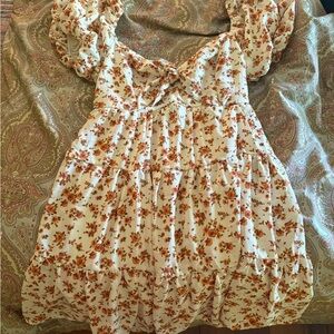 Mini Floral Cream Ruffled Shoulder Dress